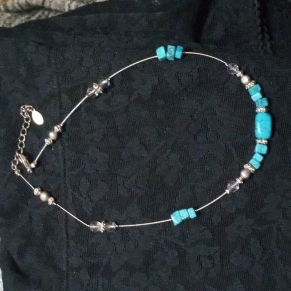 Vintage Express Silvertone Wire Necklace With Clear Glass & Turquoise Beads~ 16" - Picture 3 of 3